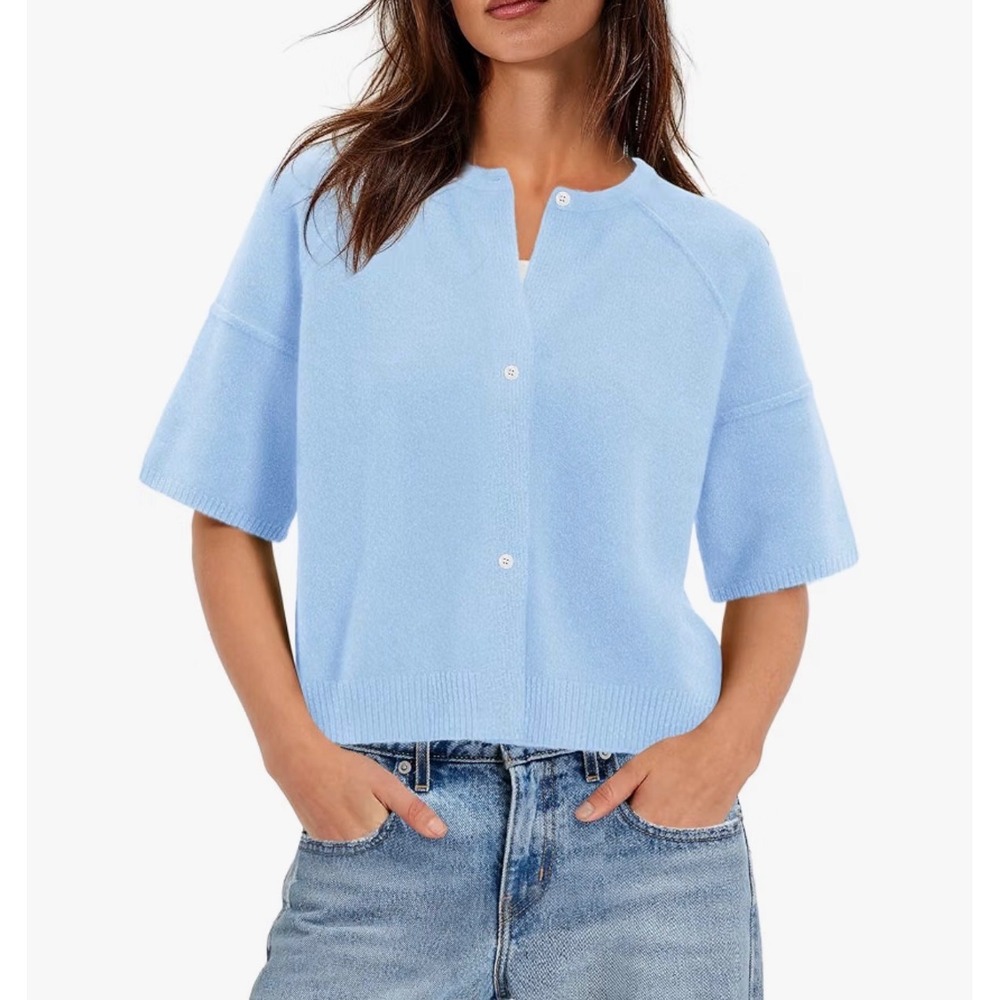 Nirovien Women's Light Blue Cropped Cardigan Sweater Short Sleeve – Small – NWT